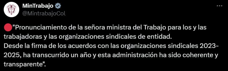 Ministerio del Trabajo sobre la posible huelga en la entidad @MintrabajoCol/X