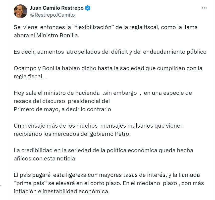 Juan Camilo Restrepo, exministro de Hacienda, cree que modificar la regla fiscal hará que Colombia tenga mayores tasas de interés - crédito @RestrepoJCamilo/X