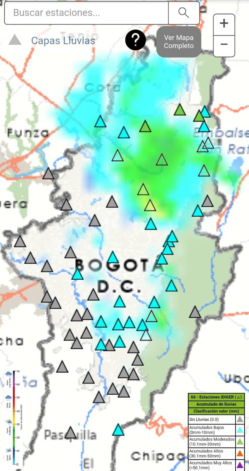 En los últimos minutos se han registrado precipitaciones con intensidades entre ligeras a fuertes en amplios sectores de la ciudad - crédito Idiger