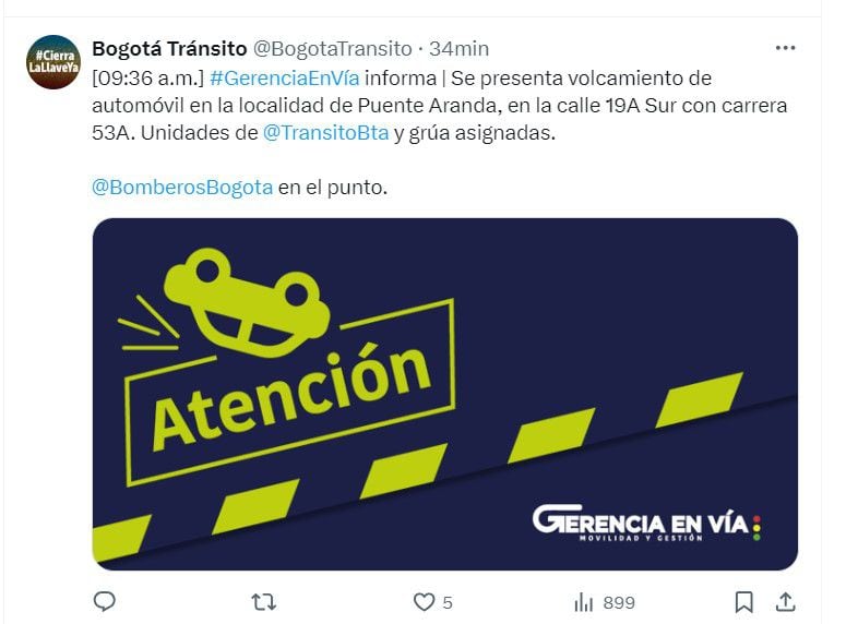 Las autoridades se encuentran atendiendo este caso para restablecer el tránsito en la zona - crédito @BogotaTransito/X
