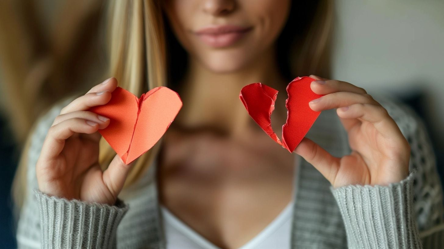 Una joven mira con tristeza un corazón de papel desgarrado, evidenciando la emoción de una ruptura sentimental. El símbolo del corazón roto ilustra el dolor de los amores perdidos, la separación emocional y la difícil realidad del rechazo en las relaciones amorosas. (Imagen ilustrativa Infobae)