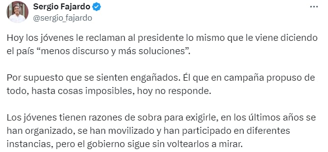 Respuesta de Sergio Fajardo a las tensiones de los consejeros de las juventudes con el presidente - crédito @sergio_fajardo/X