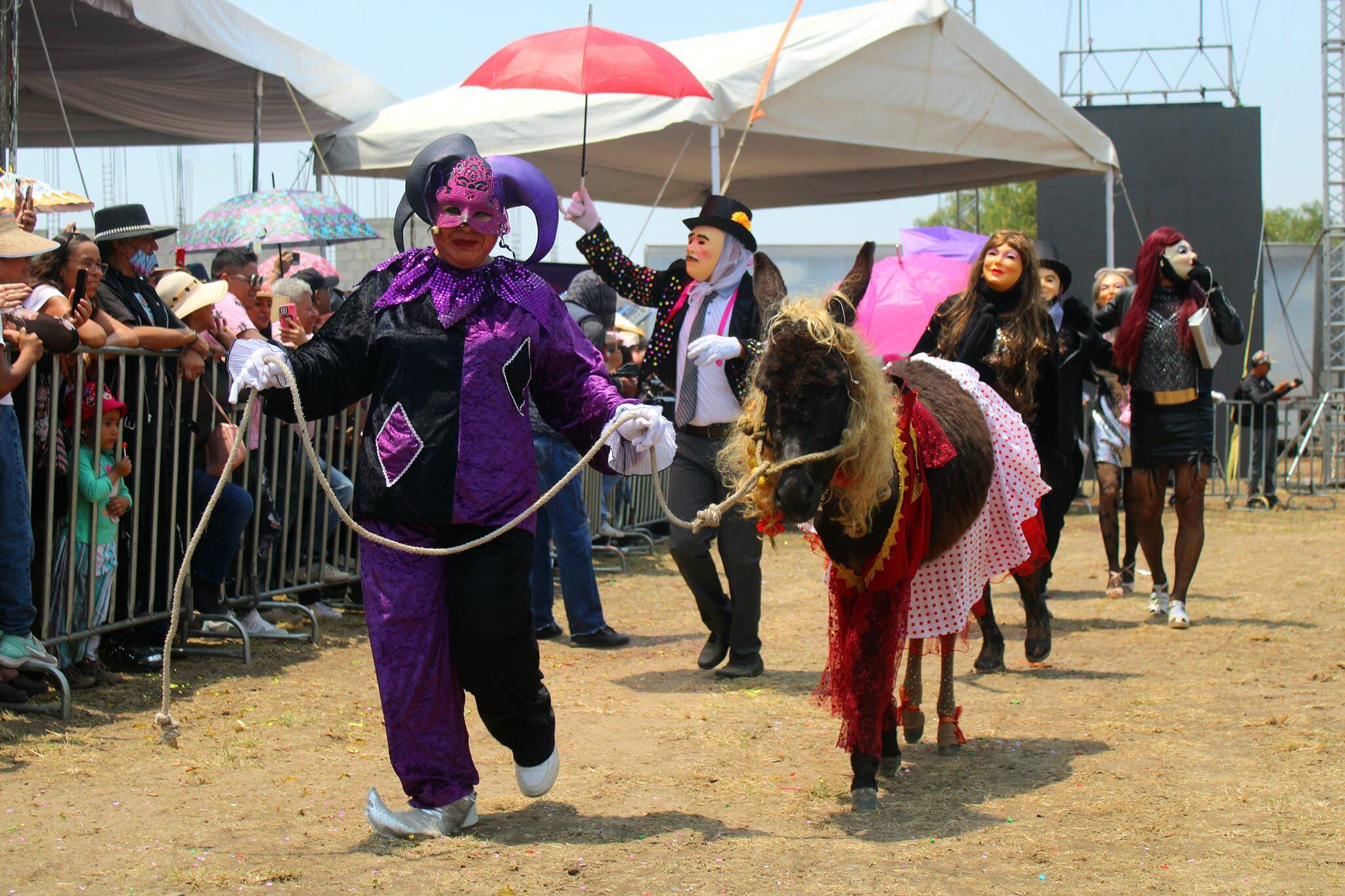 Un par de arlequines fueron protagonistas del show. (Facebook/Feria Nacional del Burro Otumba 2024).

Burros, equinos, feria nacional del burro 2024, Otumba, México, disfraces, polo, animales, mascotas