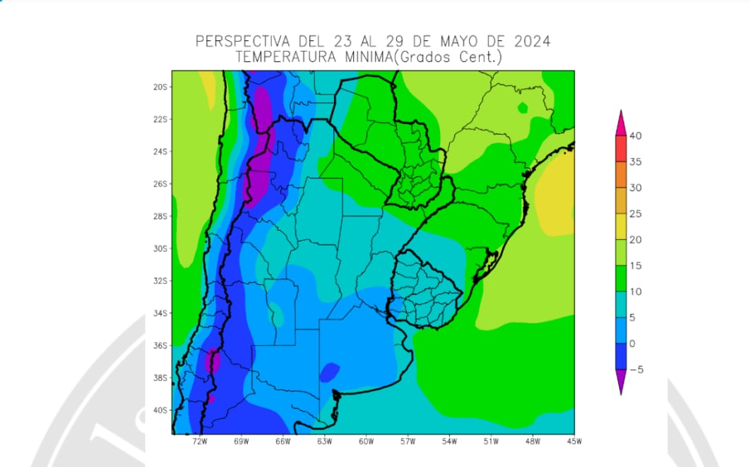 Temperaturas mínimas previstas en el área agrícola argentina hasta el 29 de mayo de 2024