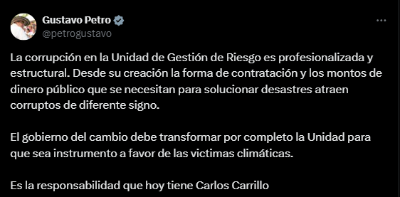 Presidente Petro marca la corrupción en la Unidad de Gestión de Riesgo como "profesionalizada y estructural" - crédito @petrogustavo/X