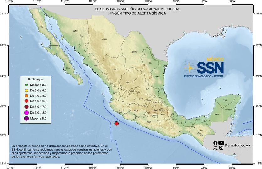 SN REPORTA: SISMO,Magnitud: 5.2,146 km al SUROESTE de  CD DE ARMERIA, COL,2024-05-19, 03:39:45