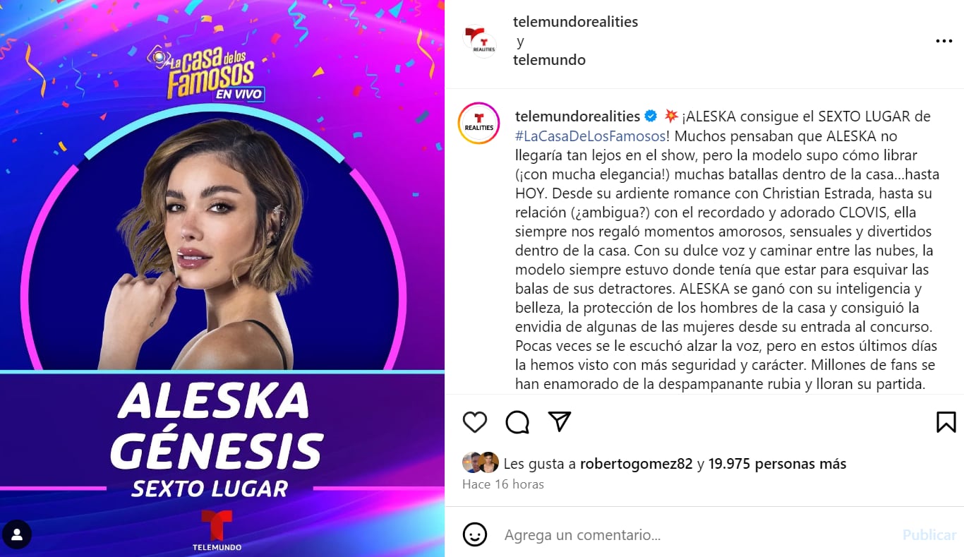 Aleska Génesis es el sexto lugar de ‘La Casa de los Famosos 4′ 
(Foto: Instagram)