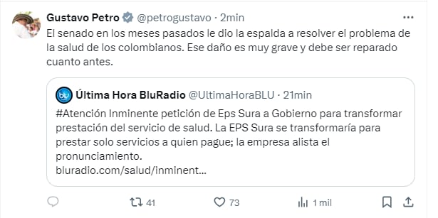 Petro respaldó decisión de Sura de no prestar más servicios como EPS - crédito @petrogustavo/X