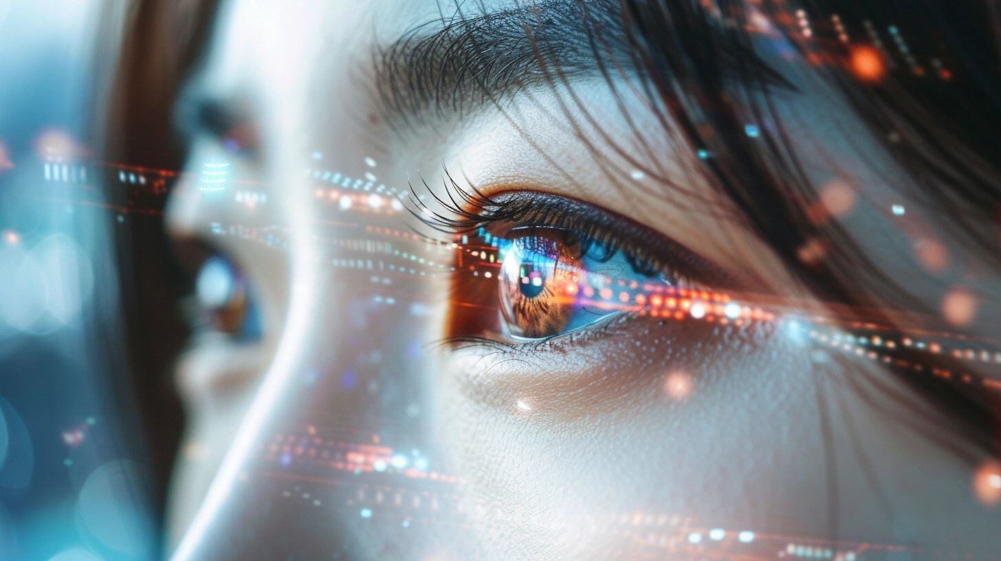 Detalle de un ojo femenino visualizando datos complejos mediante un asistente de realidad aumentada, representando la integración avanzada de la inteligencia artificial y la tecnología en nuestra interacción con el mundo digital y el internet del futuro. (Imagen ilustrativa Infobae)