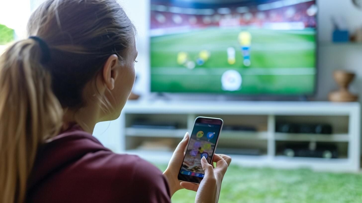 Un individuo concentrado en su teléfono móvil, con un televisor encendido en el fondo mostrando una película o serie. La imagen captura la realidad de cómo los smartphones y el acceso a internet y redes sociales han cambiado la manera en que interactuamos con los medios tradicionales, mostrando la tendencia de dividir nuestra atención entre distintas pantallas en nuestra vida diaria. (Imagen ilustrativa Infobae)