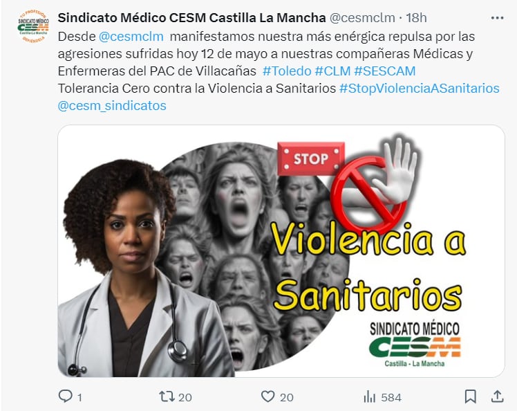 CESM CLM denuncia en Twitter la agresión del personal sanitario del PAC de Villacañas (@cesmclm/X)