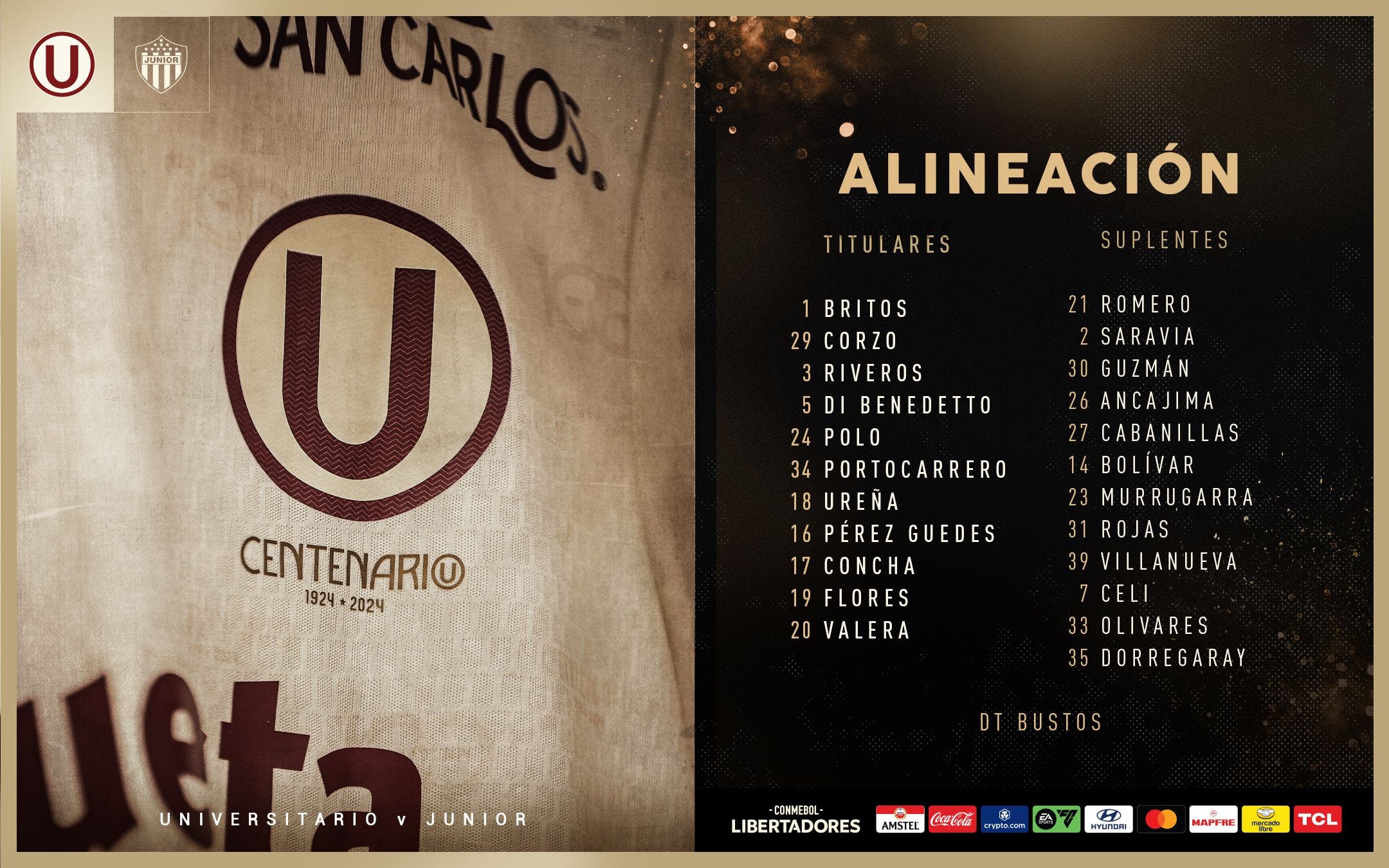 Alineación confirmada de Universitario para enfrentar a Junior por Copa Libertadores 2024.