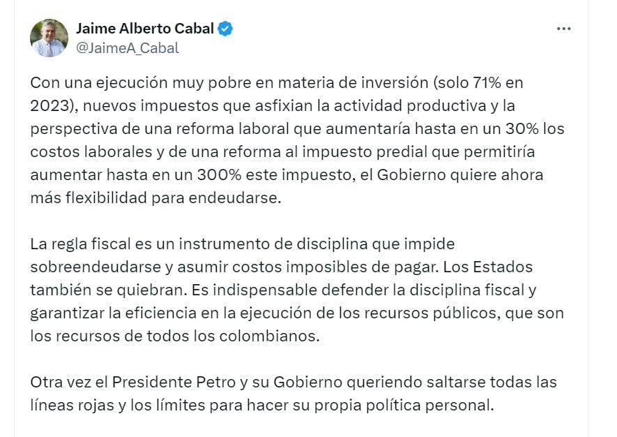 Jaime Cabal, presidente de Fenalco, se mostró preocupado por el sobreendeudamiento de Colombia si se modifica la regla fiscal - crédito @JaimeA_Cabal/X
