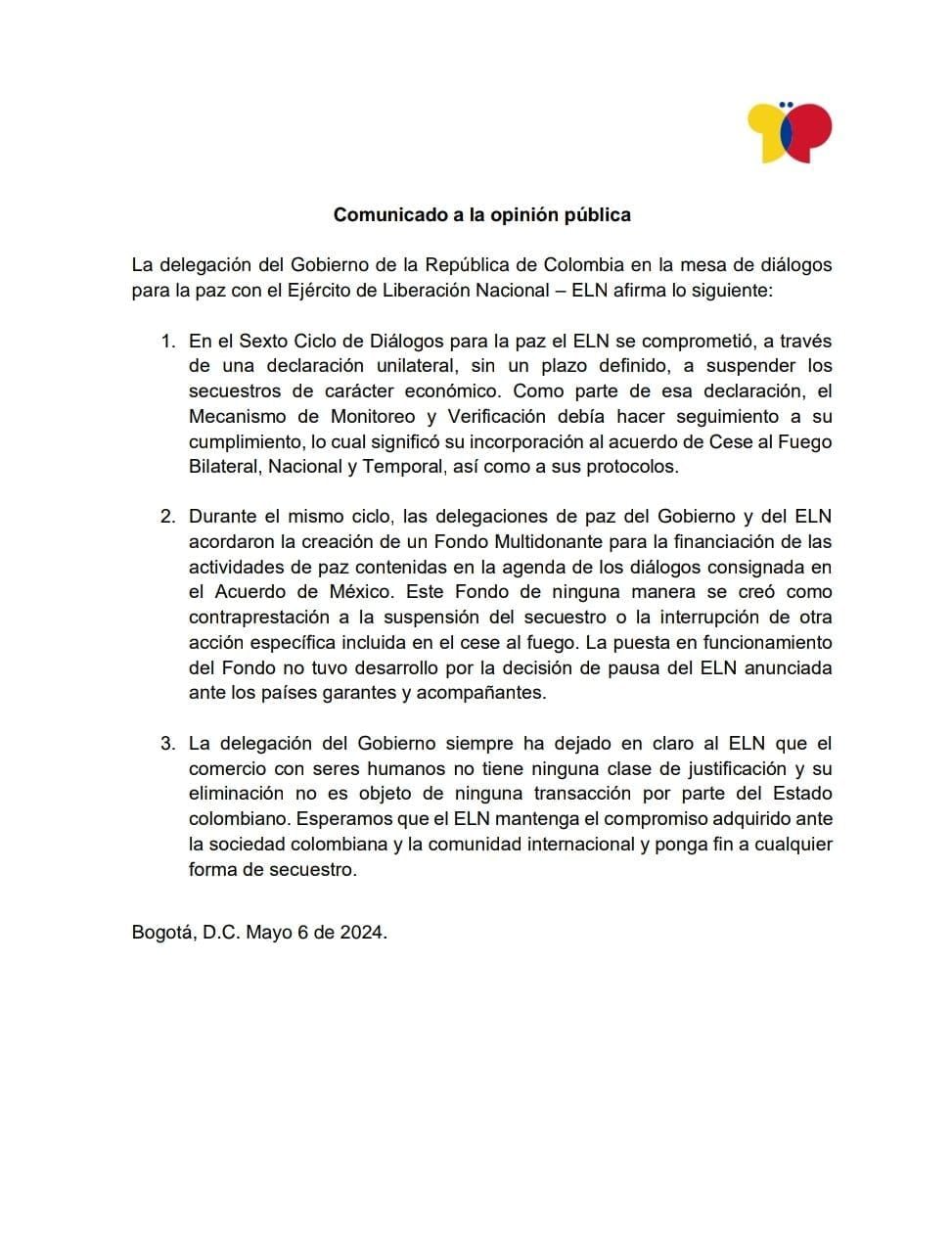 Delegación del Gobierno responde al ELN