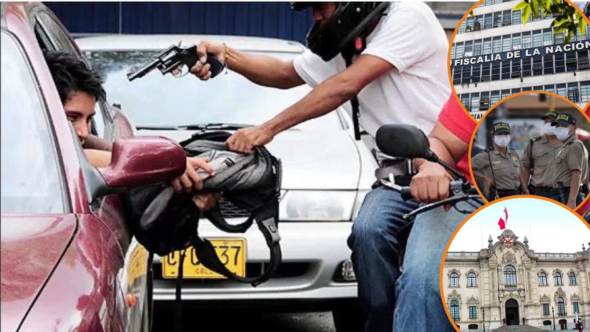 Dos delincuentes en motocicleta jalando una mochila de un ciudadano que va a bordo de un taxi,