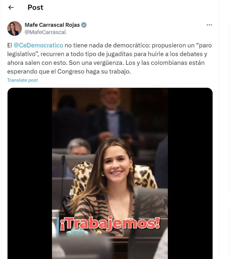 María Fernanda Carrascal arremetió en contra del Centro Democrático - crédito @MafeCarrascal