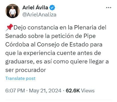 El senador Ariel Ávila en sus redes sociales hizo cuestionamientos al excontralor Carlos Felipe Córdoba Larrarte @ArielAnaliza