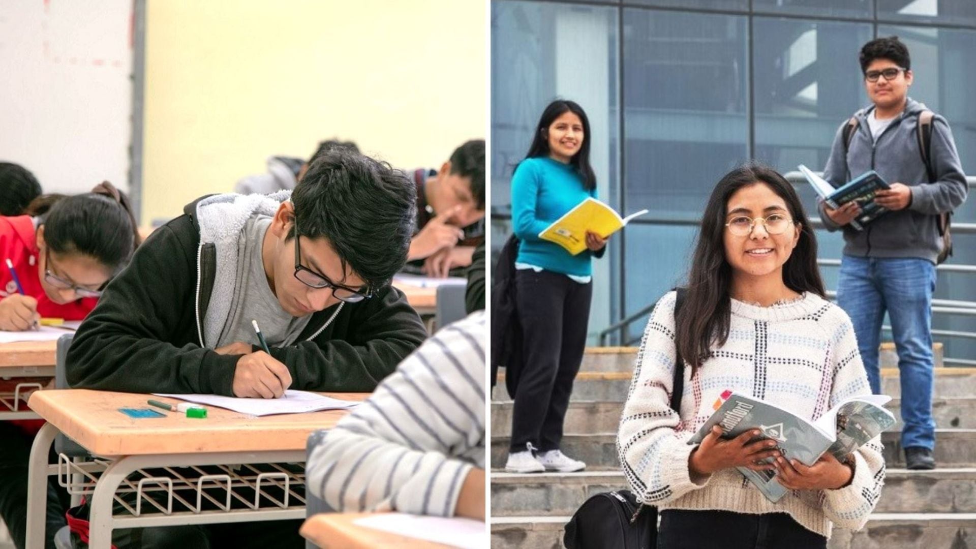 Alumnos dando un examen de Beca 18, y alumnos posando en frente de local de examen del pronabec