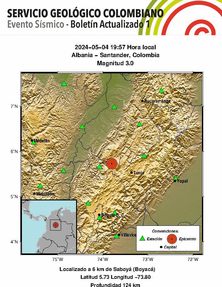 Sismo en Albania, Santander con magnitud de 3.0 grados - crédito Servicio Geológico Colombiano