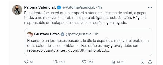 La senadora Paloma Valencia dijo que Petro era el responsable del "colapso de la salud" en Colombia - crédito @PalomaValenciaL/X