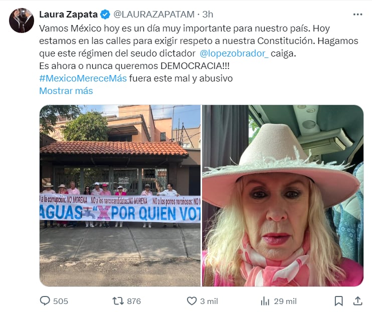 Laura Zapata marchó y además fijó su postura política en redes sociales