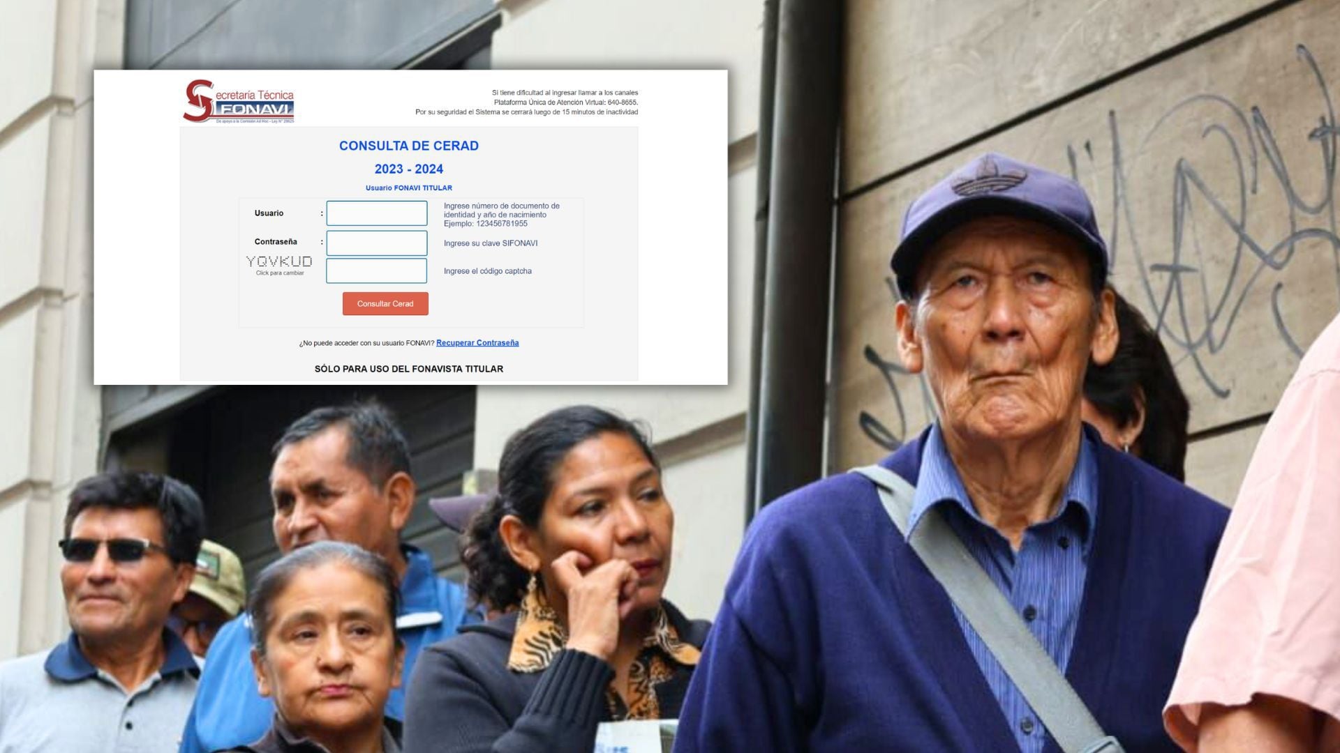 Foto de fonavistas esperando pago y captura de Secretaría Técnica con consulta de Cerad