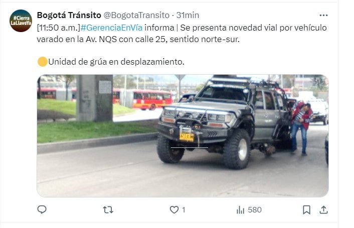 Tenga en cuenta estos si se dirige hacia el sur de Bogotá y debe tomar la carrera 30 hacia el sur - crédito @BogotaTransito/X