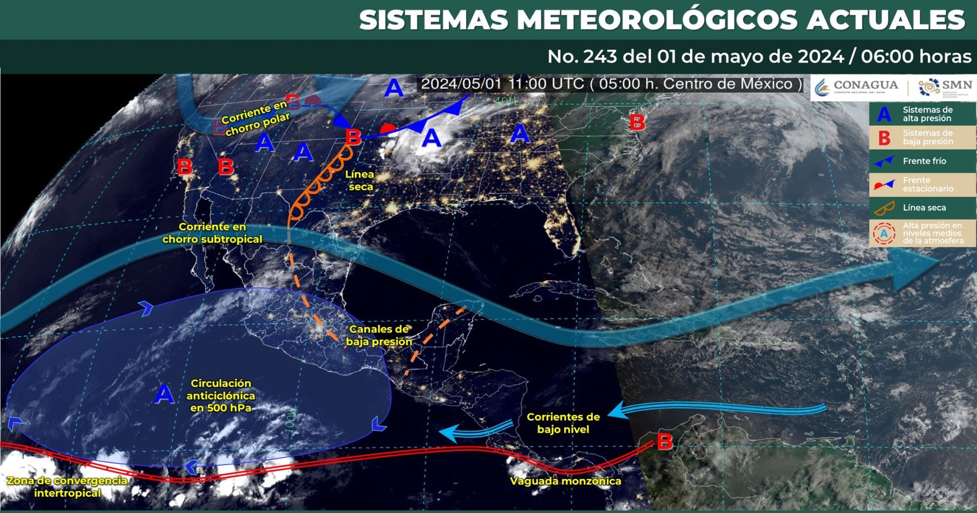 Mapa de los sistemas meteorológicos que influirán en el clima de México para este miércoles 1 de mayo.