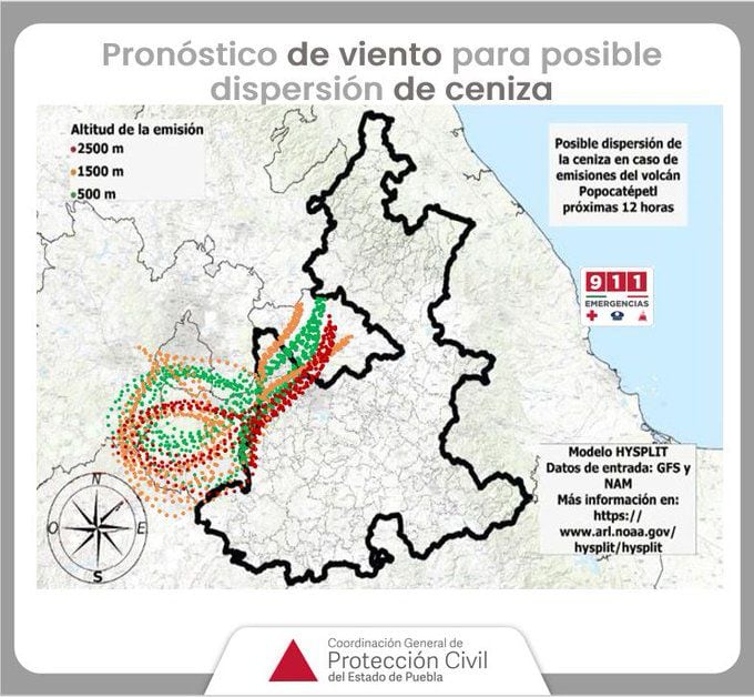 Mapa que muestra la dirección que podrían tomar las emisiones del volcán Popocatépetl hoy 22 de mayo