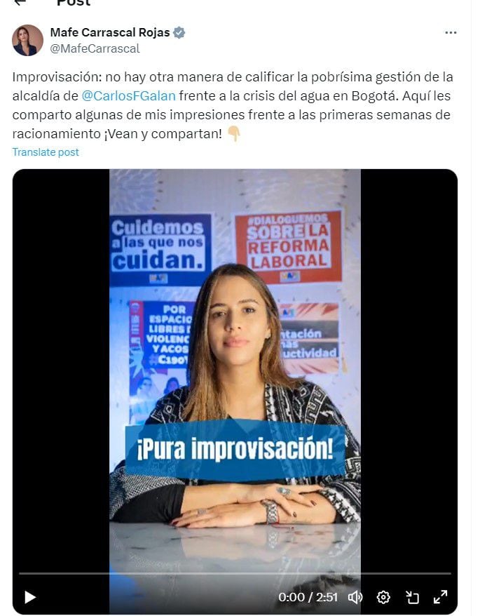 María Fernanda Carrascal dice que la administración de Galán ha improvisado con el racionamiento de agua - crédito @MafeCarrascal