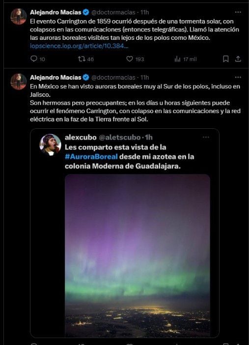 El especialista explicó qué provoca el efecto Carrington, ocasionado por las auroras boreales. | Captura de pantalla