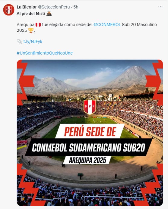 Así informó la FPF la designación de Arequipa como sede del Sudamericano Sub 20 2025.