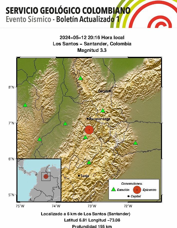 El reporte del sismo se dio a las 8:16 de la noche - crédito SGC