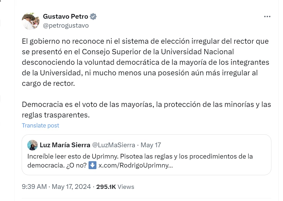 Gustavo Petro rechazó elección de nuevo rector de la Universidad Nacional - crédito @petrogustavo/X