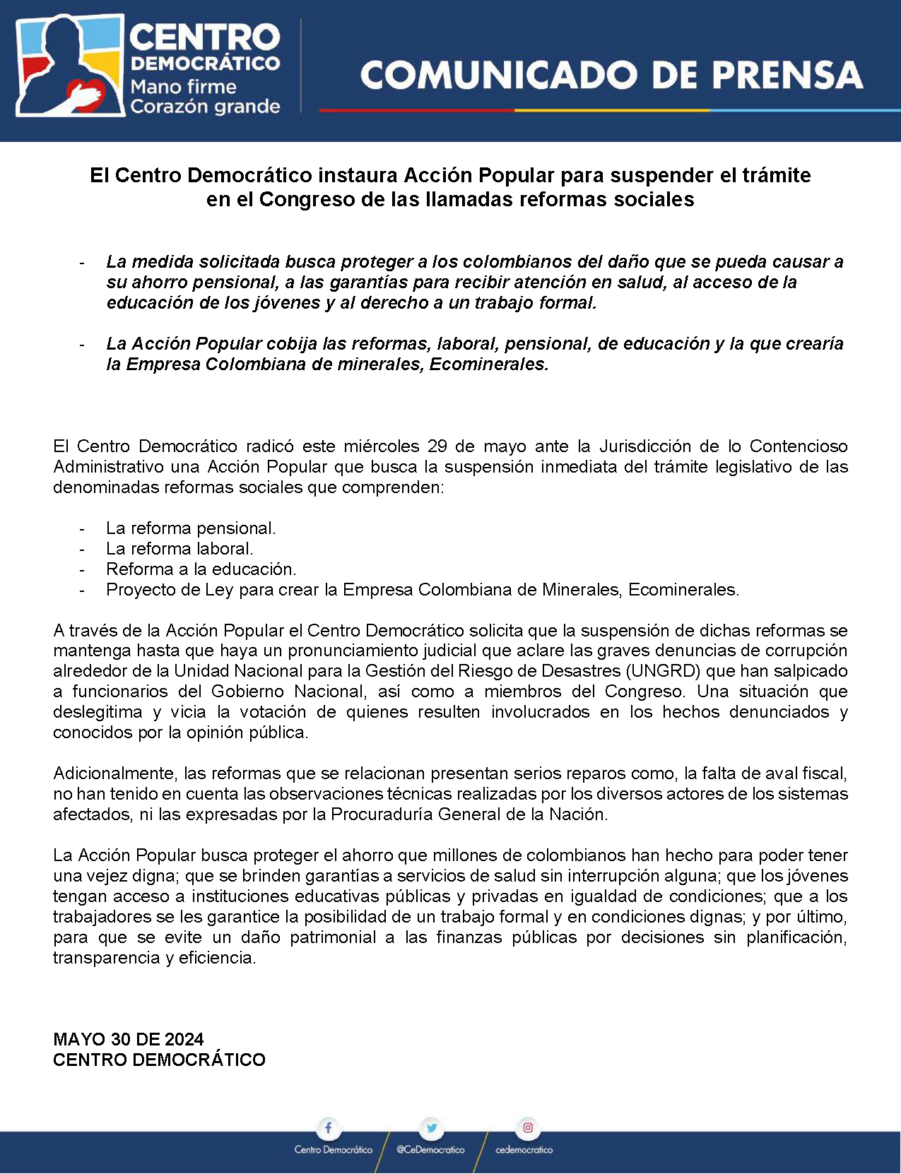 Centro Democrático instauró acción popular para frenar las reformas sociales en el Congreso - crédito @CeDemocratico/X