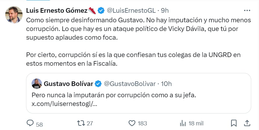 Agarrón entre Luis Ernesto Gómez y Gustavo Bolívar por decisión de la Corte Constitucional de tumbar el Ministerio de Igualdad - crédito red social X