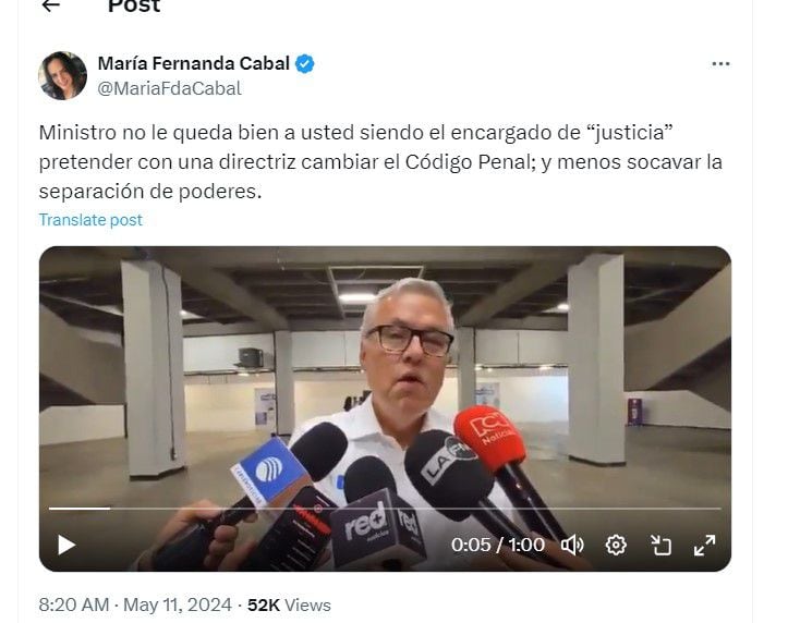 María Fernanda Cabal crítica al ministro de Justicia - crédito @MariaFdaCabal