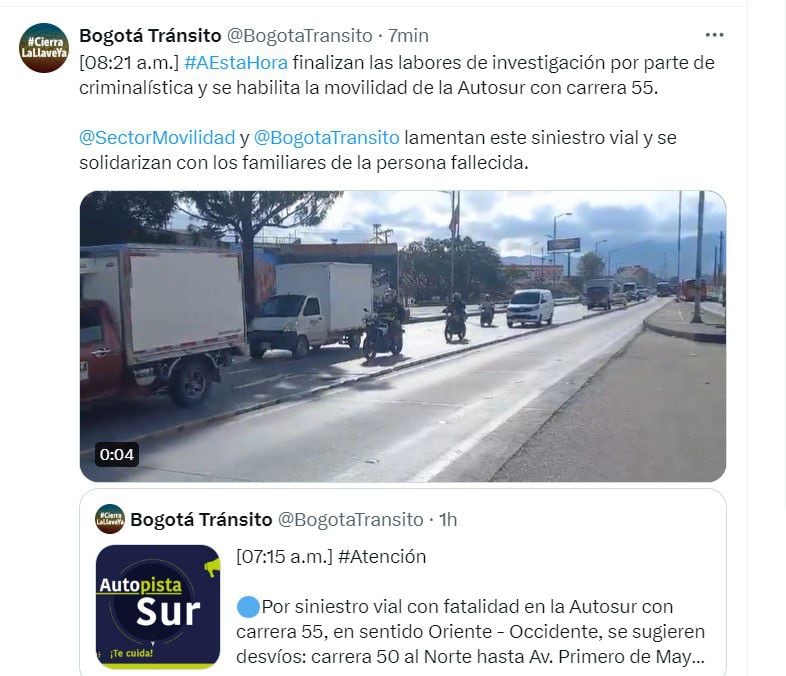 Más de una hora permaneció cerrada la vía - crédito @BogotaTransito/X