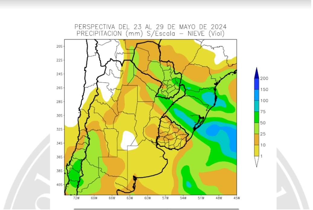 Precipitaciones para el área agrícola argentina desde el 22 hasta el 29 de mayo de 2024