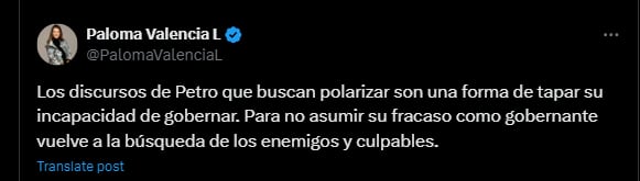 Paloma Valencia acusó al presidente de polarizar a la población - crédito @PalomaValenciaL/X