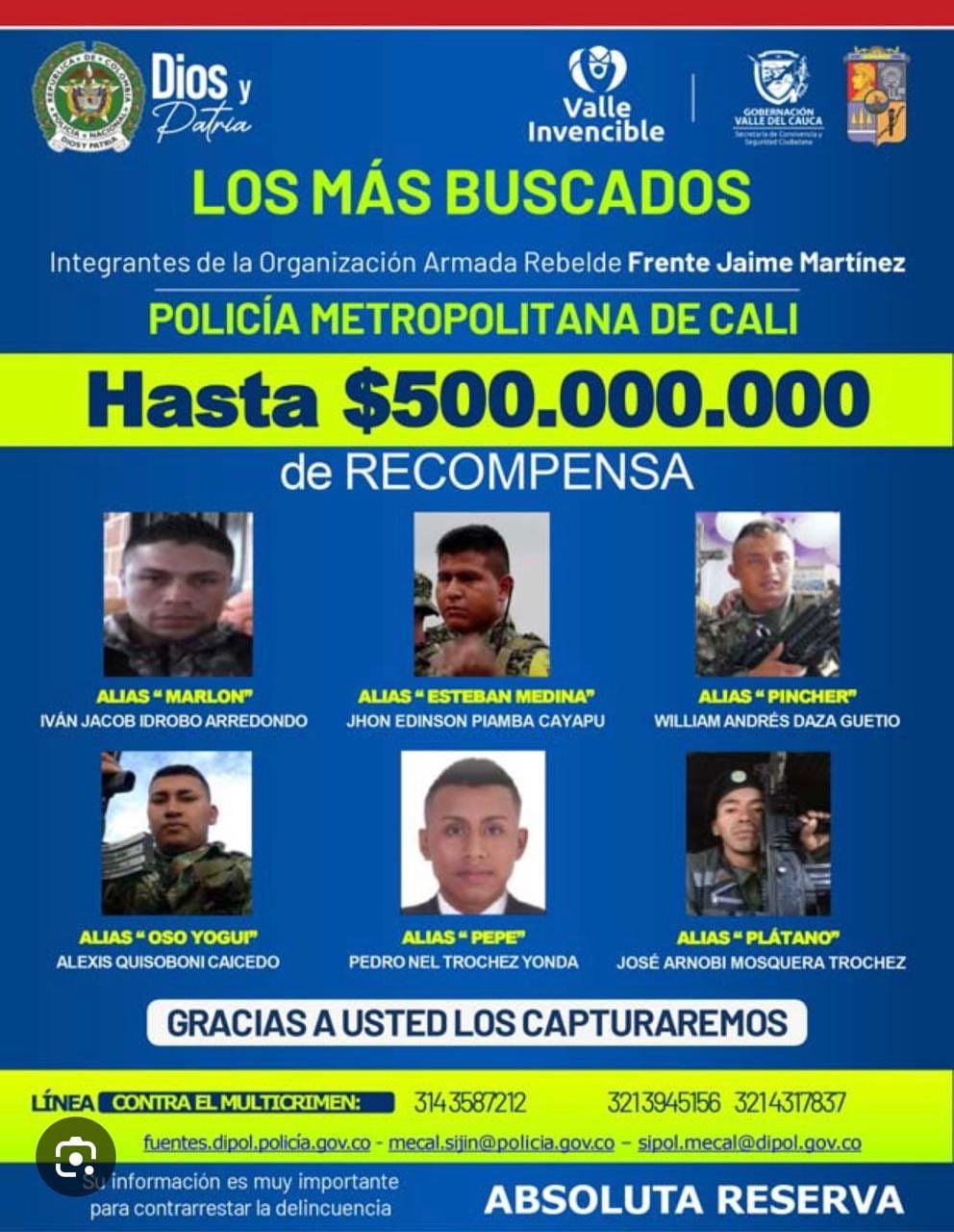 Cartel con los rostros de los jefes insurgentes que perpetraron de la estructura Jaime Martínez del EMC señalados de perpetrar el ataque contra Jamundí (Valle del Cauca) y Morales (Cauca) en la mañana del 20 de mayo de 2024. (Crédito: @mindefensa / X)