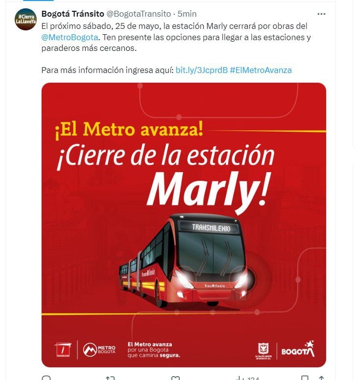 Las autoridades recordaron que habrá un nuevo servicio para los usuarios que frecuentan la estación Marly de TransMilenio - crédito @BogotaTransito/X