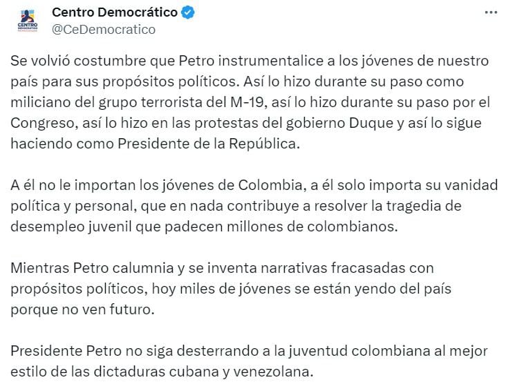 Este fue el comunicado del partido político Centro Democrático contra Gustavo Petro - captura de pantalla X