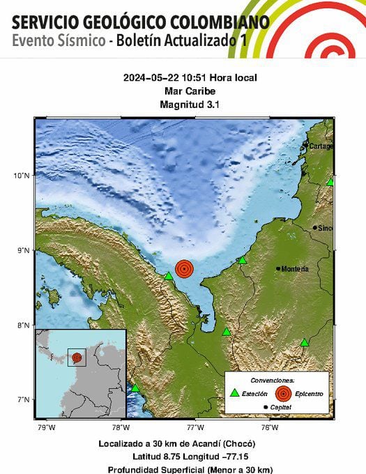 Evento Sísmico - Boletín Actualizado 1, 2024-05-22, 10:51 hora local Magnitud 3.1, Profundidad Superficial (Menor a 30 km), Mar Caribe - crédito Servicio Geológico Colombiano