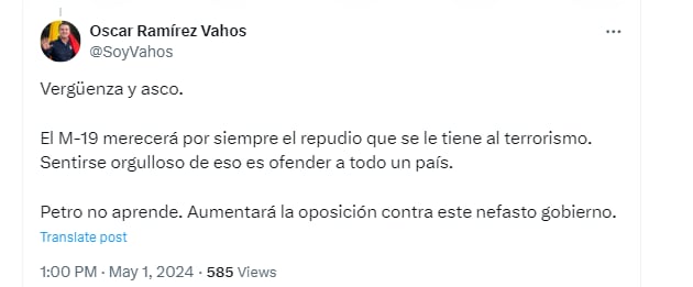 El concejal de Bogotá, Óscar Ramírez Vahos, respondió a las declaraciones de Gustavo Petro sobre la bandera del M-19  - crédito @SoyVahos/X