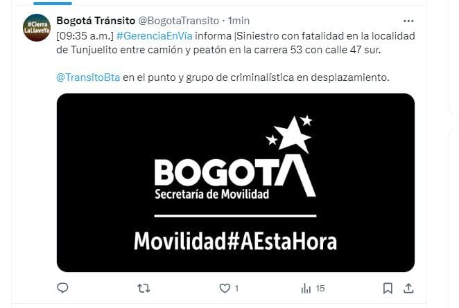 Se comienza a reportar un fuerte trancón en este punto del sur de la capital - crédito @BogotaTransito/X