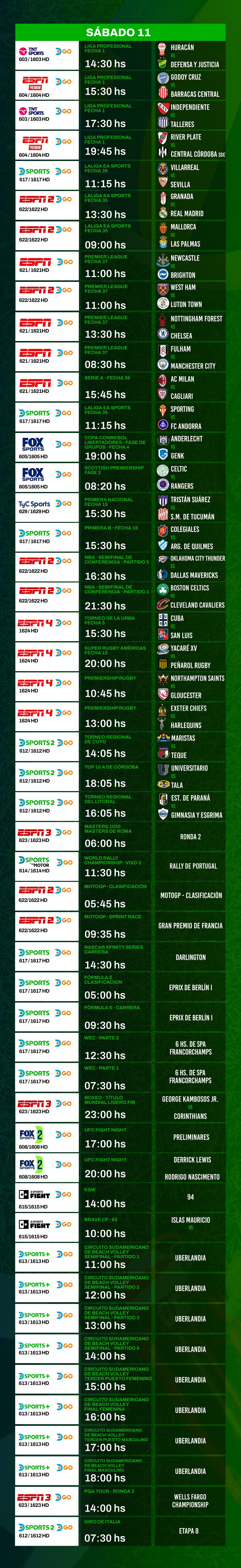 Agenda deportiva sábado 11 de mayo