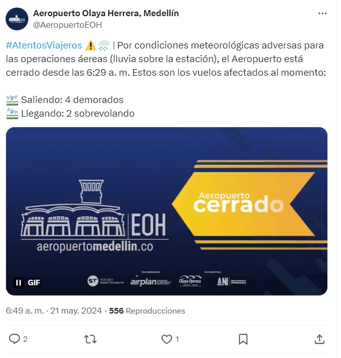 Información sobre cierre del aeropuerto Olaya Herrera de Medellín - crédito @AeropuertoEOH/X