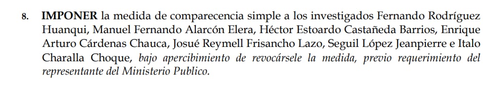 Jueza impone comparecencia con restricciones en contra de los presuntos responsables. Medida es la más leve y fue solicitada por la Fiscalía. Infobae Perú.