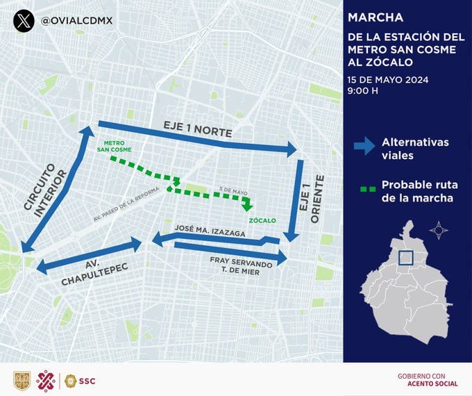 Ovial difunde mapa con la ruta y alternativas viales a la marcha de la CNTE de este 15 de mayo, Día del Maestro